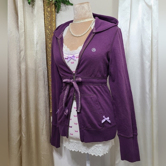♡ Y2K ♡ Aeropostale Purple Waist Tie Double Zip Hooded Babydoll Jacket Hoodie - Picture 3 of 9